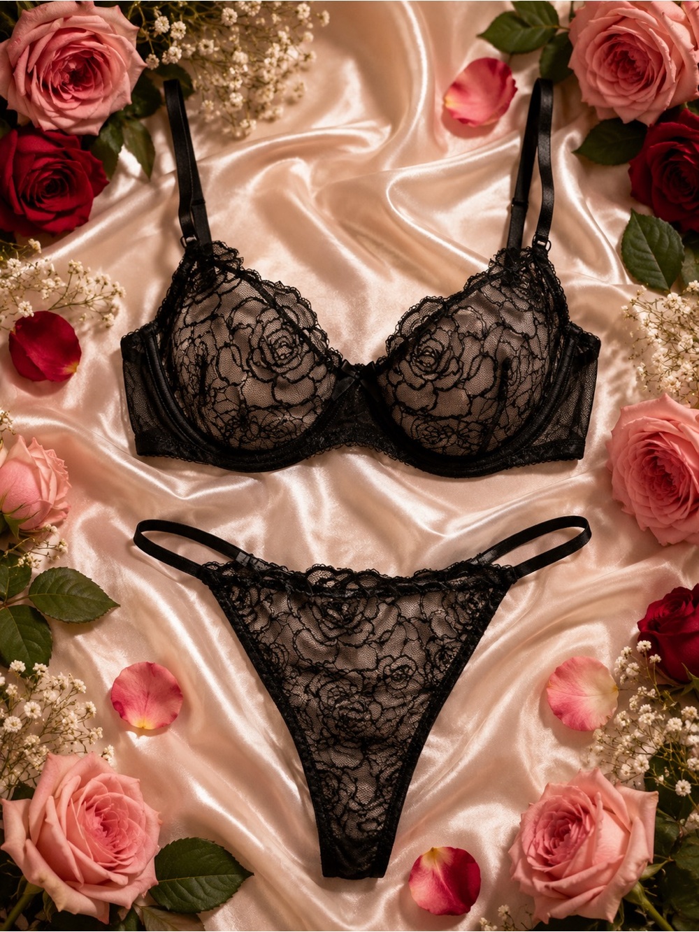 Black Rose Lace Underwire Bra & Thong Set NWT sheer feminine floral lace